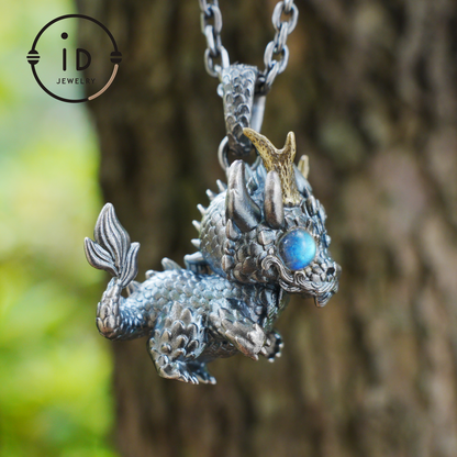 Handgefertigter Fantasy-Schmuck | Drachen-Totem-Halskette | Silber-Kupfer-Zweifarbige Hornkrone | Labradorit-Blaues Auge | Handgefertigtes Geschenk