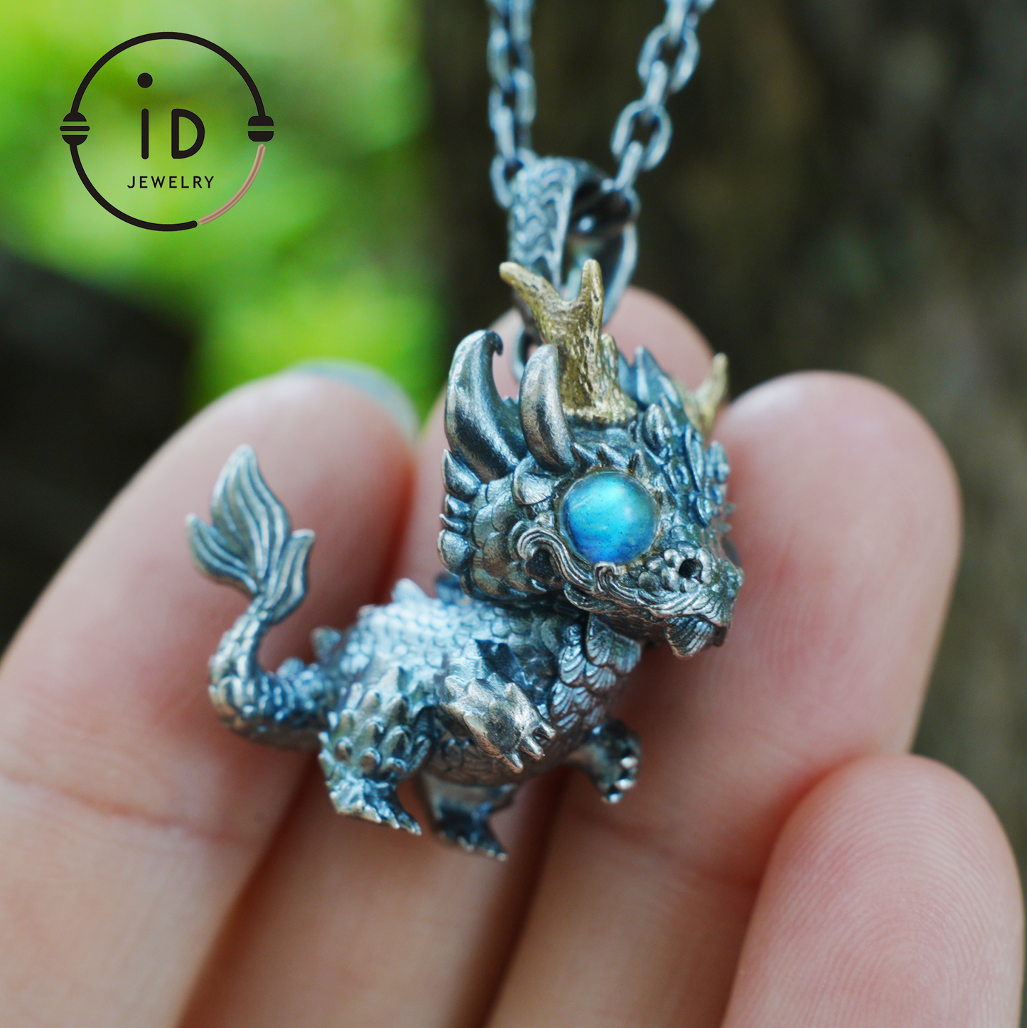 Handgefertigter Fantasy-Schmuck | Drachen-Totem-Halskette | Silber-Kupfer-Zweifarbige Hornkrone | Labradorit-Blaues Auge | Handgefertigtes Geschenk