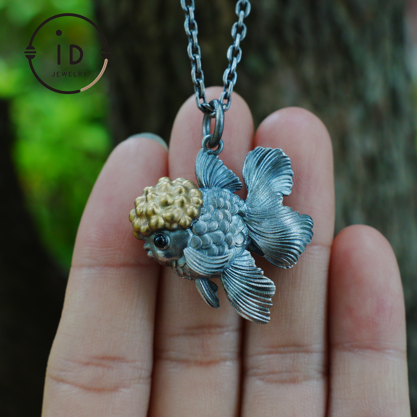 Goldfish Pendant in 925 Sterling Silver with Agate and Brass, Handmade Animal Jewelry in Fairytale Style, Talisman Necklace Gift for Her