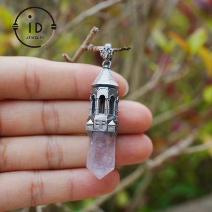 Amethyst Pendant 925 Silver, Gothic Tower Necklace, Statement Jewelry Totem Talisman, Gift for Her, Birthday Jewelry Idea
