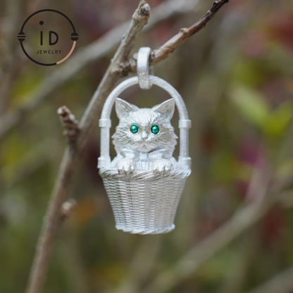 Handcrafted 925 Silver Kitten Pendant Necklace | Green-Eyed Cat Guardian | Lucky & Comfort Talisman Jewelry | Gift for Cat Lovers