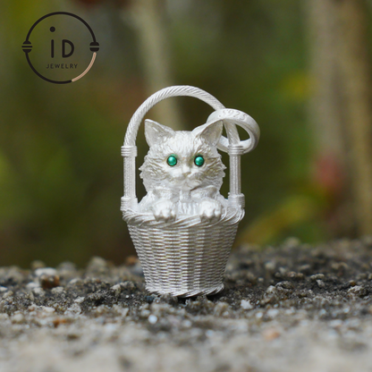 Handcrafted 925 Silver Kitten Pendant Necklace | Green-Eyed Cat Guardian | Lucky & Comfort Talisman Jewelry | Gift for Cat Lovers