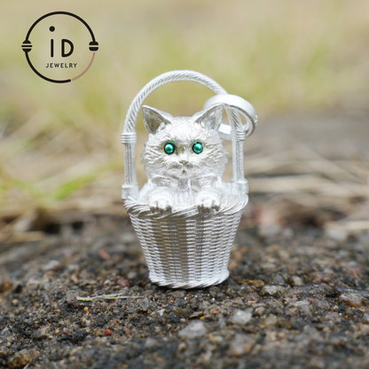 Handcrafted 925 Silver Kitten Pendant Necklace | Green-Eyed Cat Guardian | Lucky & Comfort Talisman Jewelry | Gift for Cat Lovers