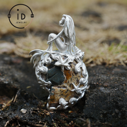 Meerjungfrau Muschel Fossil Anhänger, Handgefertigtes Meeresgöttin Amulett, Spiritueller Schutzschmuck, Mythisches Kunstdesign, Sirenenmeer Geschenk