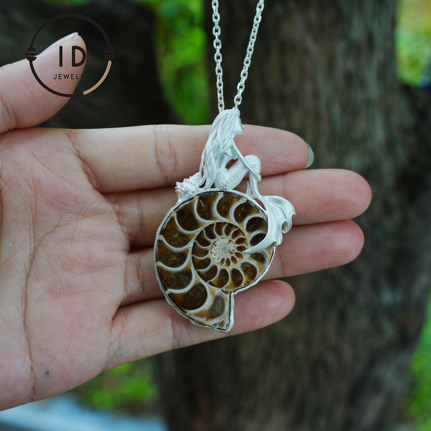 Meerjungfrau Muschel Fossil Anhänger, Handgefertigtes Meeresgöttin Amulett, Spiritueller Schutzschmuck, Mythisches Kunstdesign, Sirenenmeer Geschenk