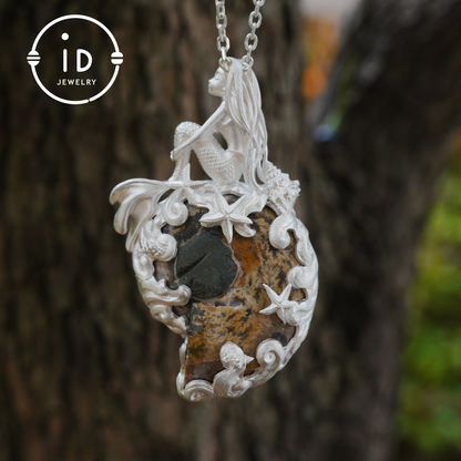 Meerjungfrau Muschel Fossil Anhänger, Handgefertigtes Meeresgöttin Amulett, Spiritueller Schutzschmuck, Mythisches Kunstdesign, Sirenenmeer Geschenk