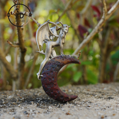 Hand-Carved 925 Silver Succubus Pendant | Blood Moon & Bloodstone Crescent | Winged Demon Gothic Protection Talisman | Perfect Gothic Gift