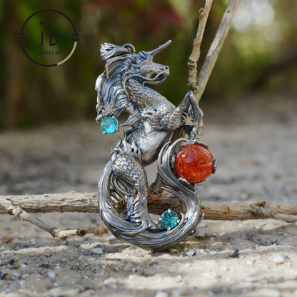 Hand-carved Fantasy Unicorn Necklace｜Wave-motif Unicorn Necklace｜Unicorn Motif Pendant｜Vintage-craft Handmade Gift