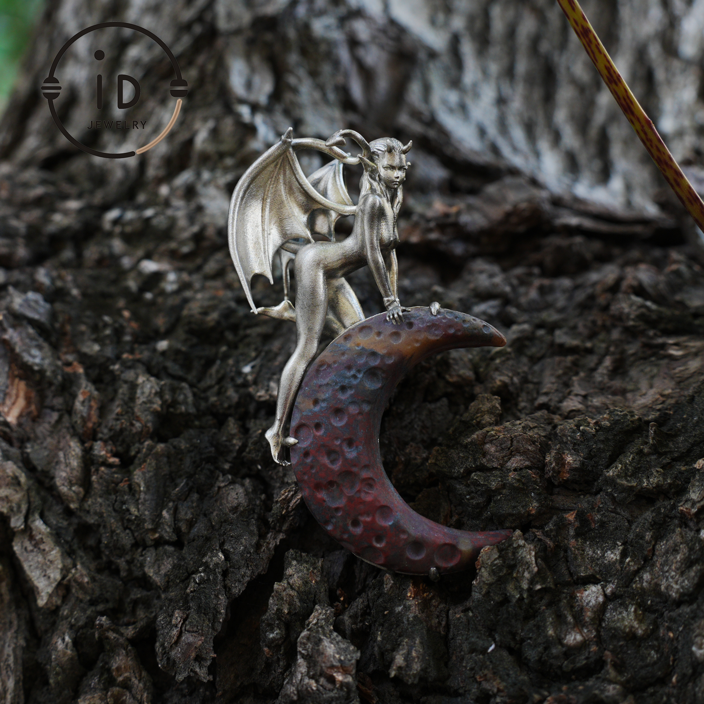 Hand-Carved 925 Silver Succubus Pendant | Blood Moon & Bloodstone Crescent | Winged Demon Gothic Protection Talisman | Perfect Gothic Gift