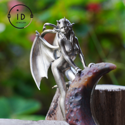 Hand-Carved 925 Silver Succubus Pendant | Blood Moon & Bloodstone Crescent | Winged Demon Gothic Protection Talisman | Perfect Gothic Gift