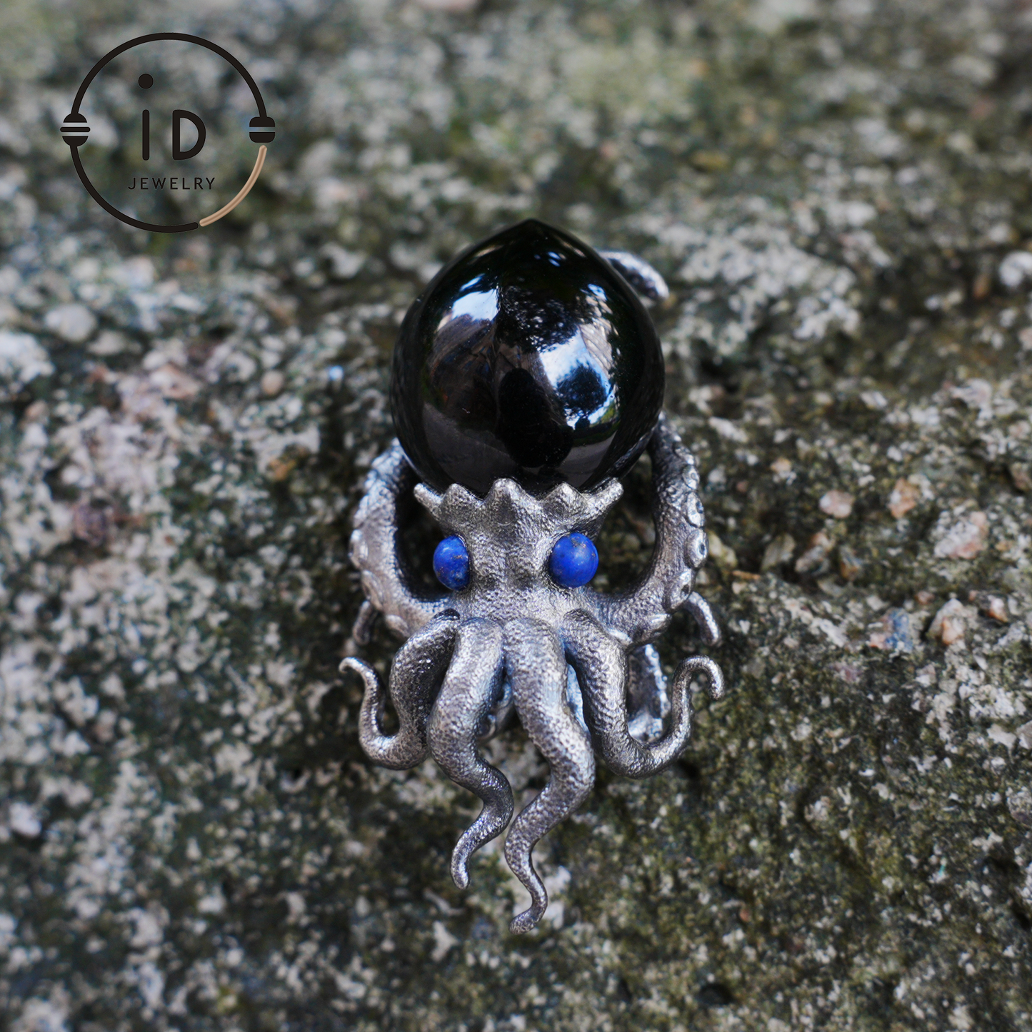 Gothic pendant with black obsidian and lapis lazuli made of 925 silver in totem style for women gift birthday necklace