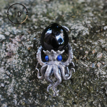 Gothic pendant with black obsidian and lapis lazuli made of 925 silver in totem style for women gift birthday necklace