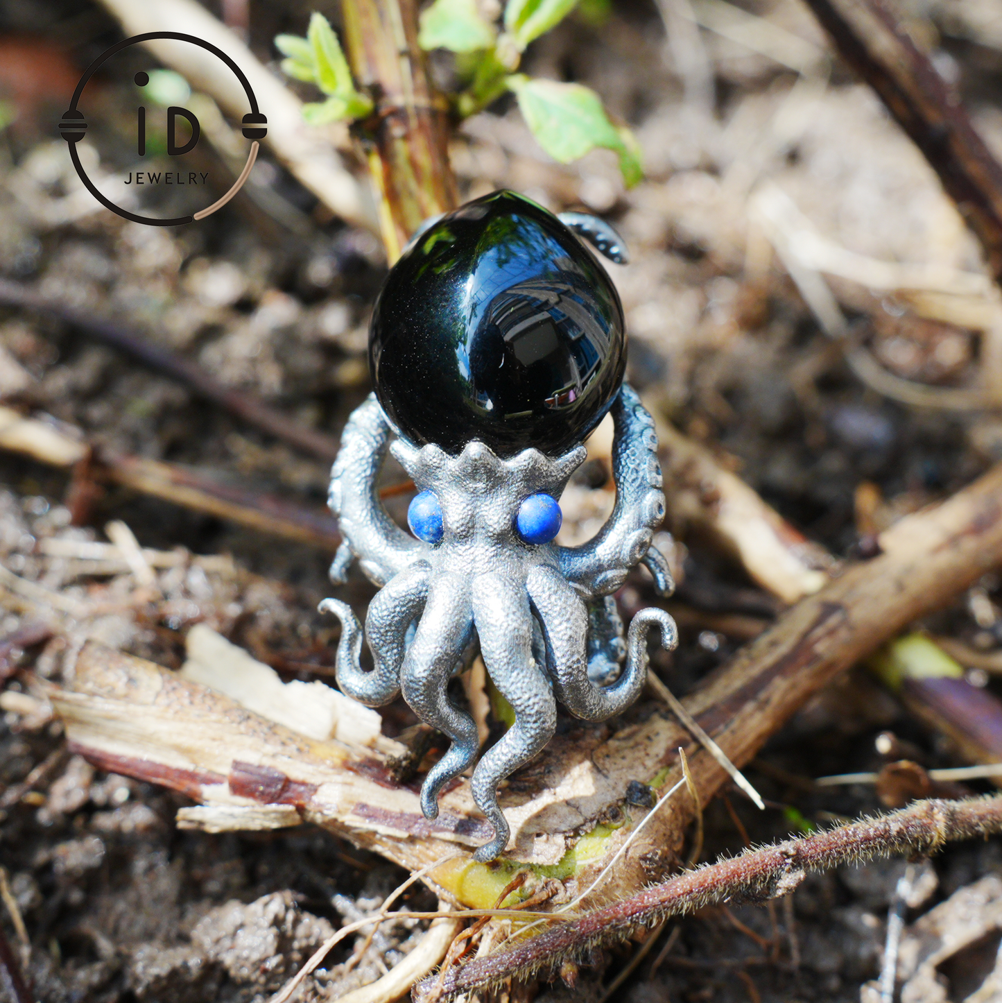 Gothic pendant with black obsidian and lapis lazuli made of 925 silver in totem style for women gift birthday necklace