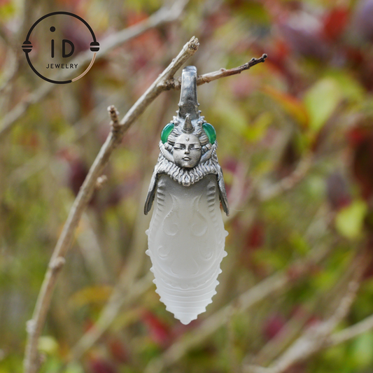 Carved Rock Crystal Pendant in 925 Silver with Green Chalcedony in Gothic Totem Style, Gift for Her or Spiritual Jewelry Lovers
