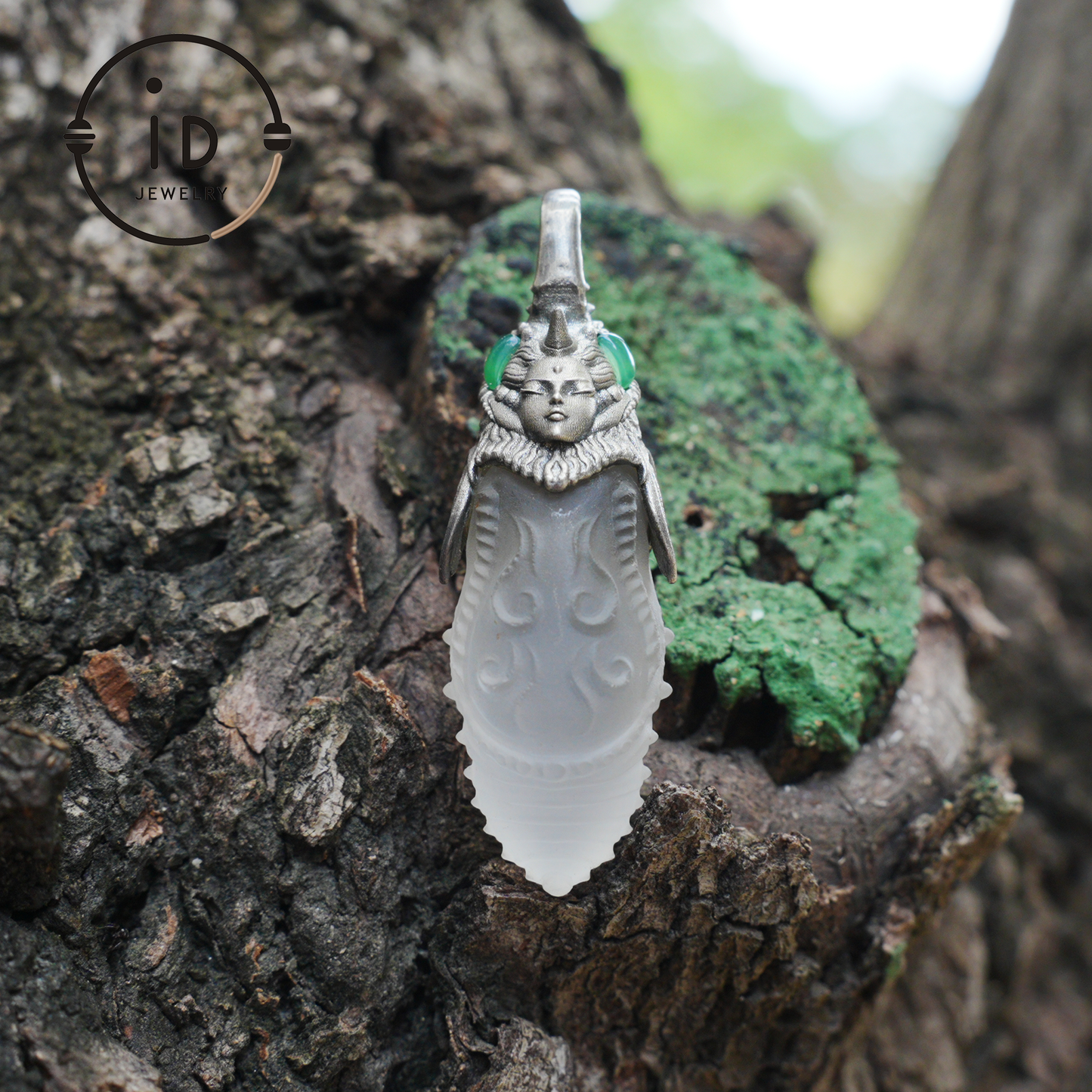 Carved Rock Crystal Pendant in 925 Silver with Green Chalcedony in Gothic Totem Style, Gift for Her or Spiritual Jewelry Lovers