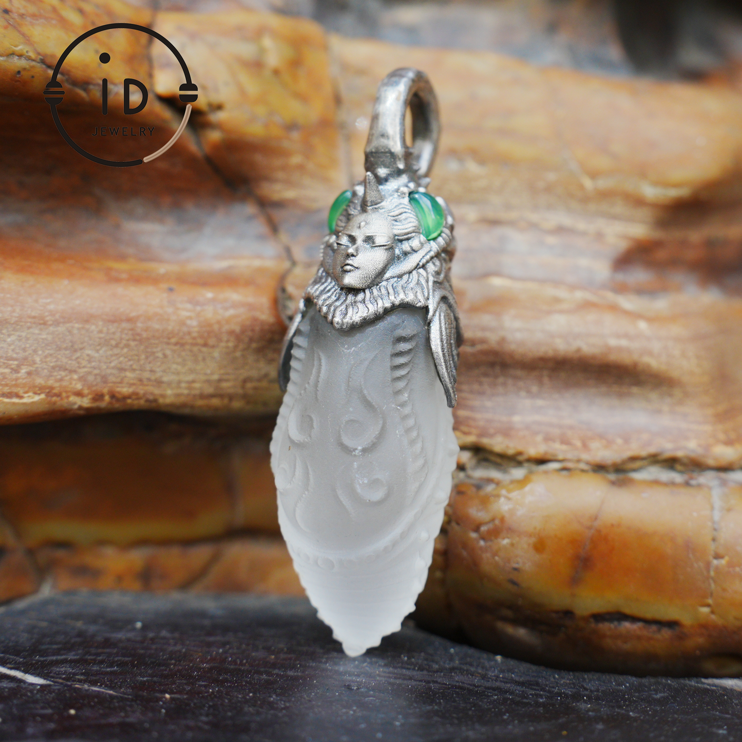 Carved Rock Crystal Pendant in 925 Silver with Green Chalcedony in Gothic Totem Style, Gift for Her or Spiritual Jewelry Lovers