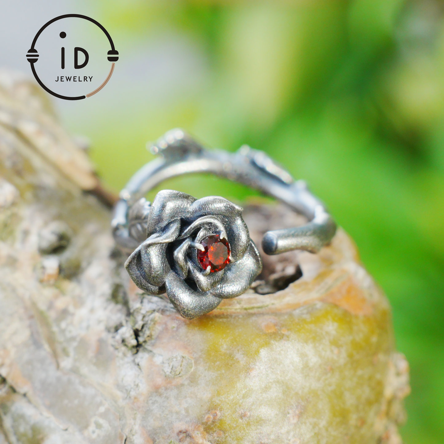 Rose Ring with Blood Red Stone, Gothic Vow Jewelry, Handmade Fantasy Amulet of Thorns and Oath, Symbolic Rose Design