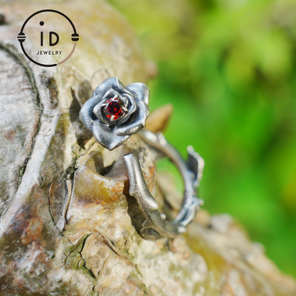 Rose Ring with Blood Red Stone, Gothic Vow Jewelry, Handmade Fantasy Amulet of Thorns and Oath, Symbolic Rose Design