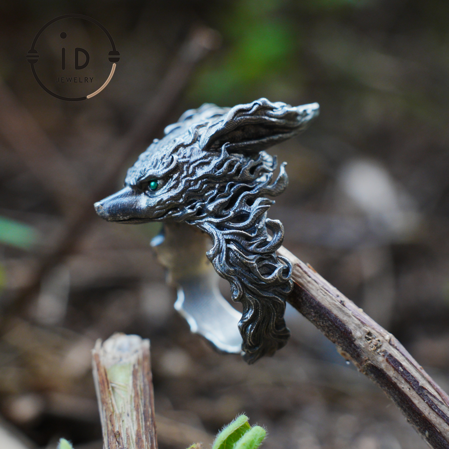 Fuchs Totem Ring mit grünen Zirkonaugen, Waldwächter Amulett, handgefertigter Tierschmuck, Mythisches Schutzsymbol