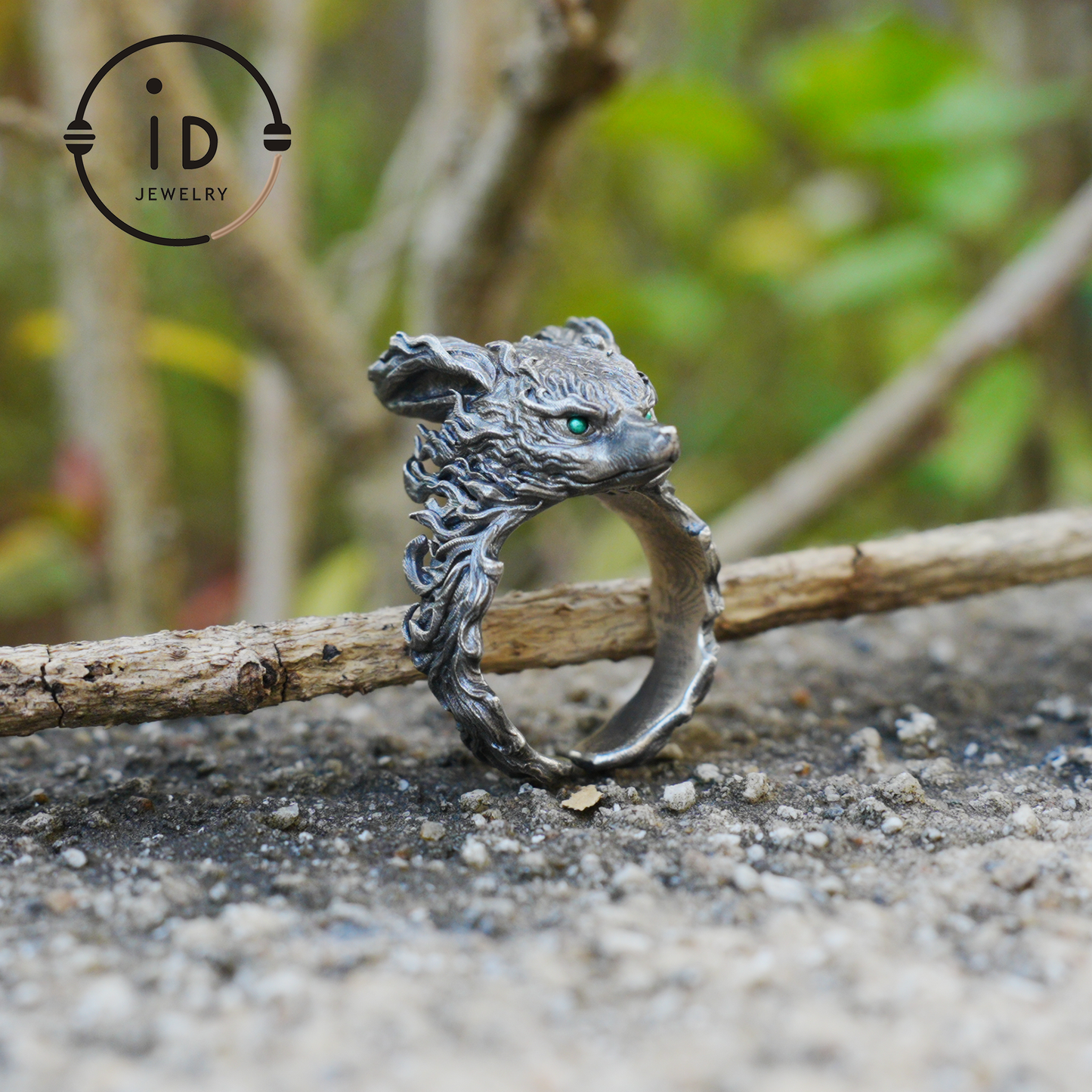 Fuchs Totem Ring mit grünen Zirkonaugen, Waldwächter Amulett, handgefertigter Tierschmuck, Mythisches Schutzsymbol