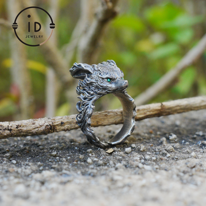 Fuchs Totem Ring mit grünen Zirkonaugen, Waldwächter Amulett, handgefertigter Tierschmuck, Mythisches Schutzsymbol