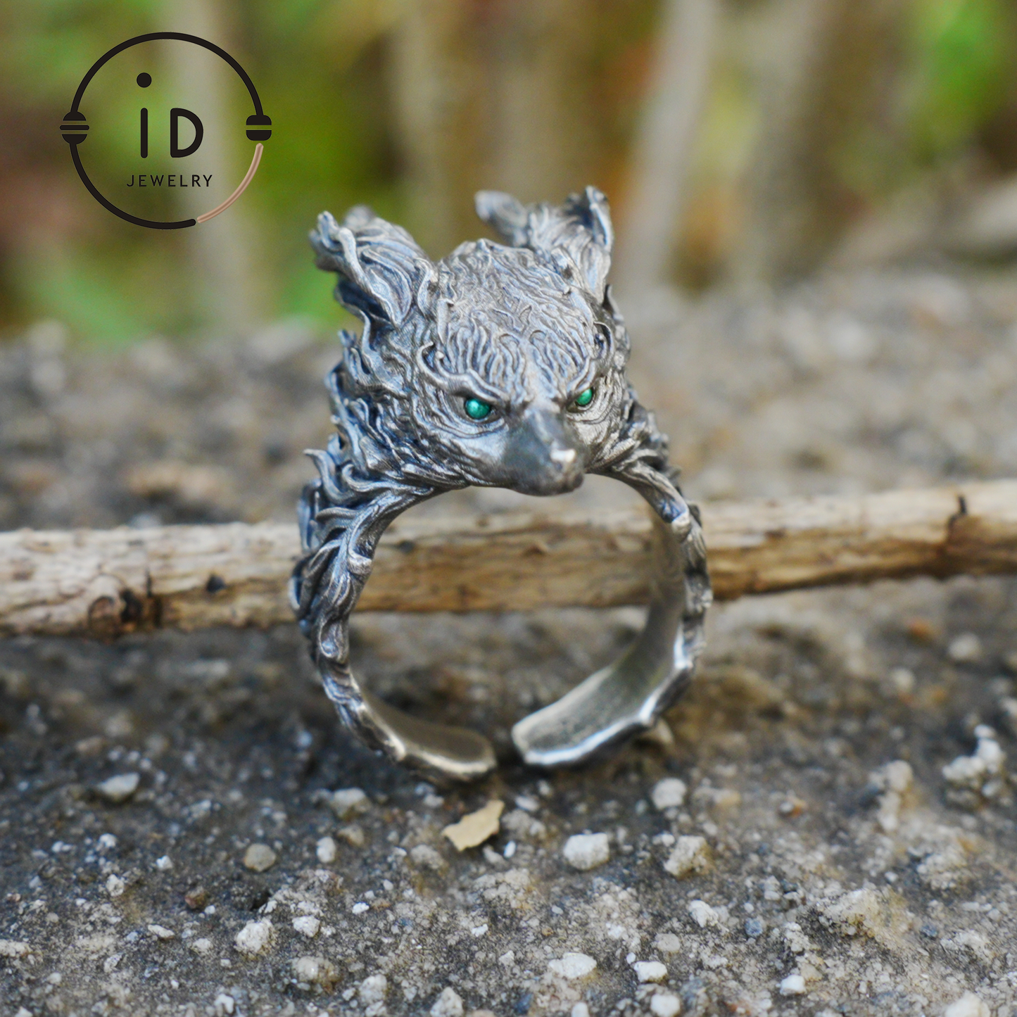 Fuchs Totem Ring mit grünen Zirkonaugen, Waldwächter Amulett, handgefertigter Tierschmuck, Mythisches Schutzsymbol