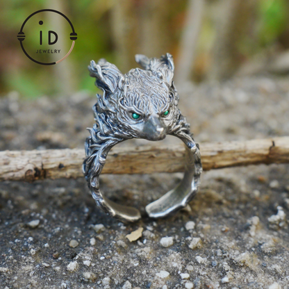 Fuchs Totem Ring mit grünen Zirkonaugen, Waldwächter Amulett, handgefertigter Tierschmuck, Mythisches Schutzsymbol