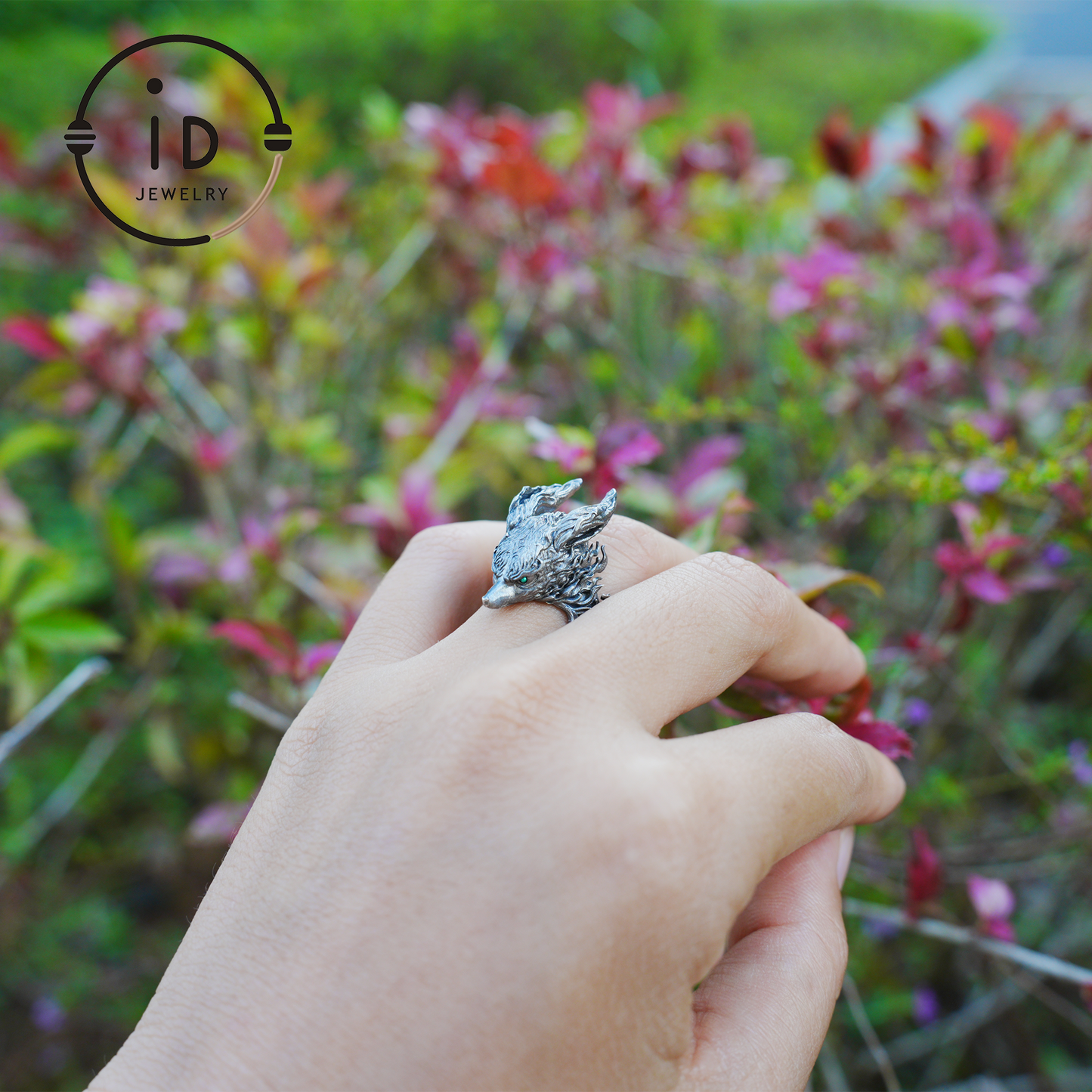 Fuchs Totem Ring mit grünen Zirkonaugen, Waldwächter Amulett, handgefertigter Tierschmuck, Mythisches Schutzsymbol
