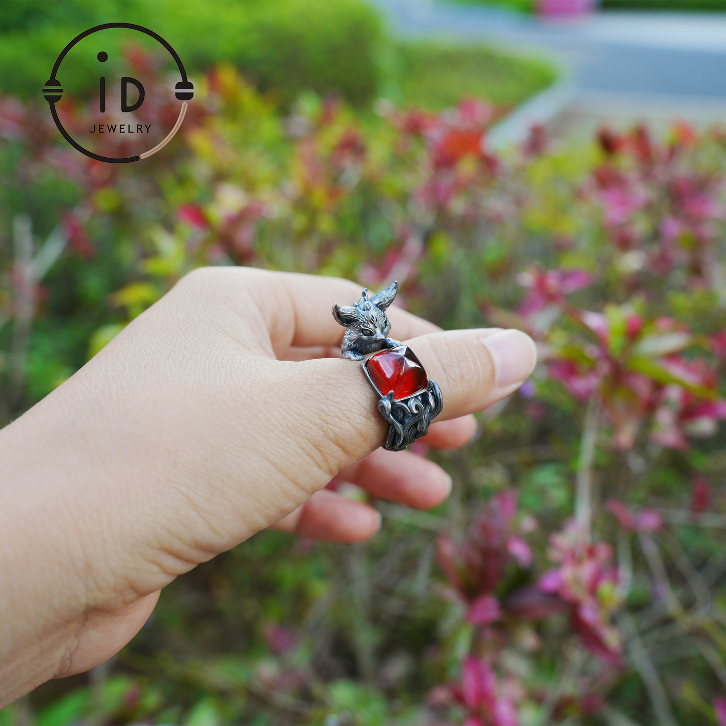 Fox Ring Garnet Protection Talisman | Fantasy Animal Jewelry | Handmade Nature Spirit Ring | Woodland Amulet for Inner Desire