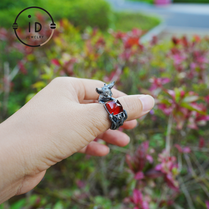 Fox Ring Garnet Protection Talisman | Fantasy Animal Jewelry | Handmade Nature Spirit Ring | Woodland Amulet for Inner Desire