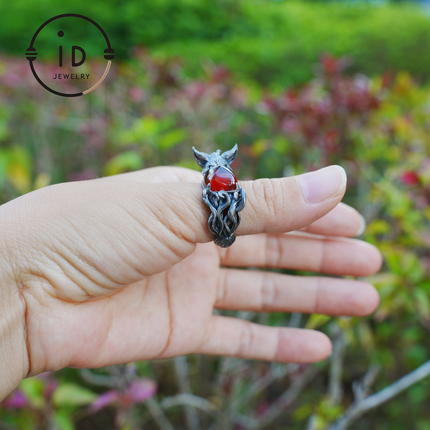 Fox Ring Garnet Protection Talisman | Fantasy Animal Jewelry | Handmade Nature Spirit Ring | Woodland Amulet for Inner Desire
