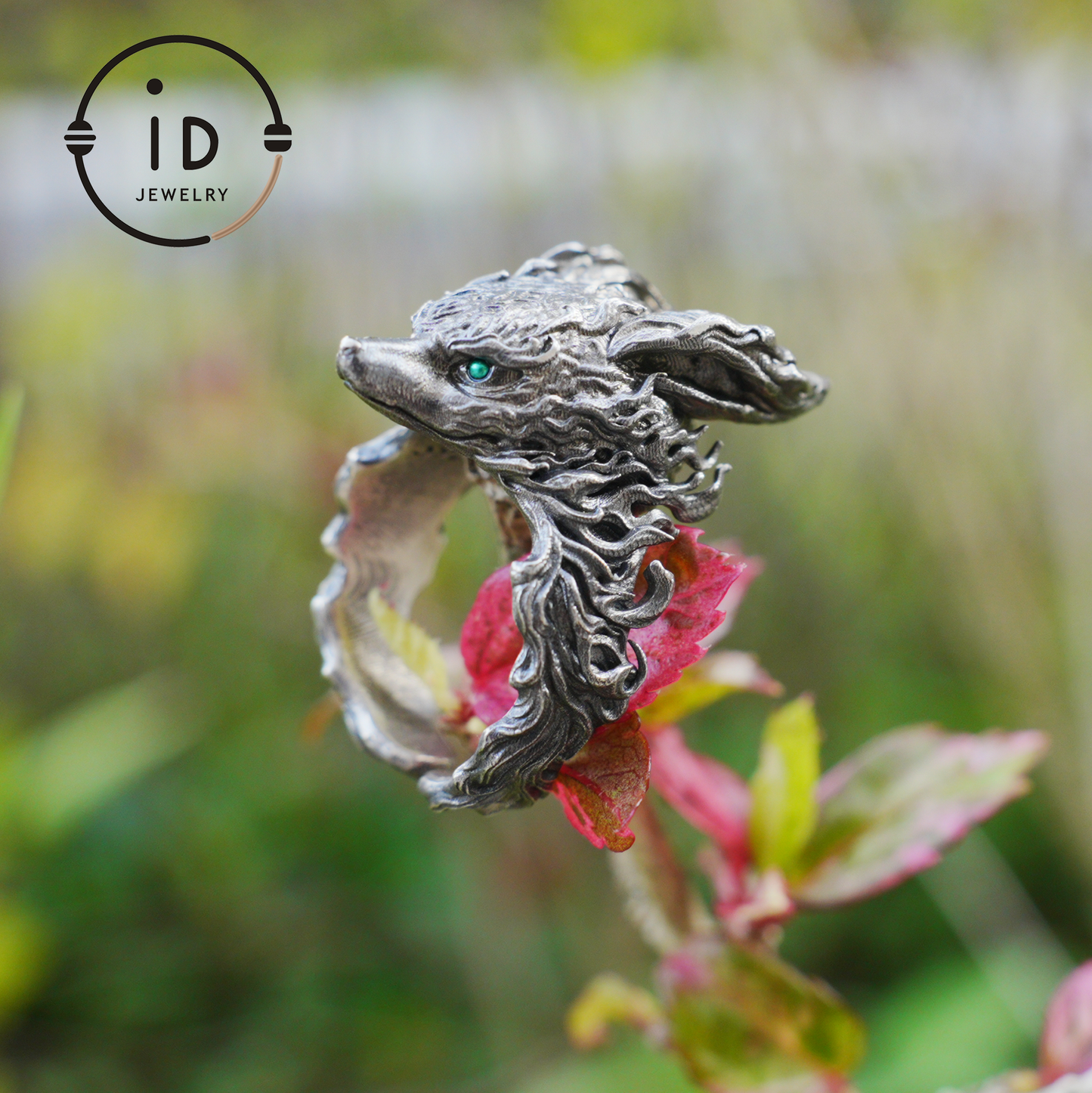 Fuchs Totem Ring mit grünen Zirkonaugen, Waldwächter Amulett, handgefertigter Tierschmuck, Mythisches Schutzsymbol