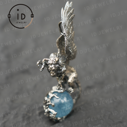 Geflügelter Löwenanhänger - Handgefertigter Schmuck aus 925er Sterlingsilber mit Aquamarin - Symbol der Weisheit und des spirituellen Schutzes - Geschenk für Sie 