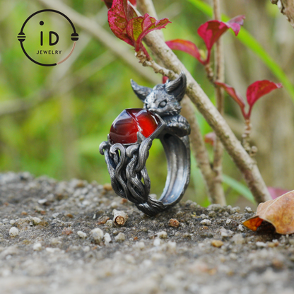 Fox Ring Garnet Protection Talisman | Fantasy Animal Jewelry | Handmade Nature Spirit Ring | Woodland Amulet for Inner Desire