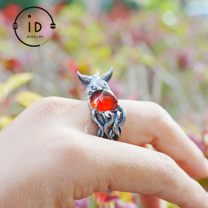 Fox Ring Garnet Protection Talisman | Fantasy Animal Jewelry | Handmade Nature Spirit Ring | Woodland Amulet for Inner Desire
