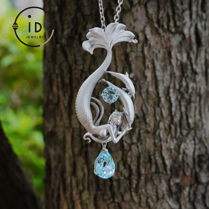 Dreamy Ocean Mermaid Pendant in 925 Silver with Aquamarine – Unique Jewelry for Ocean Lovers and Collectors