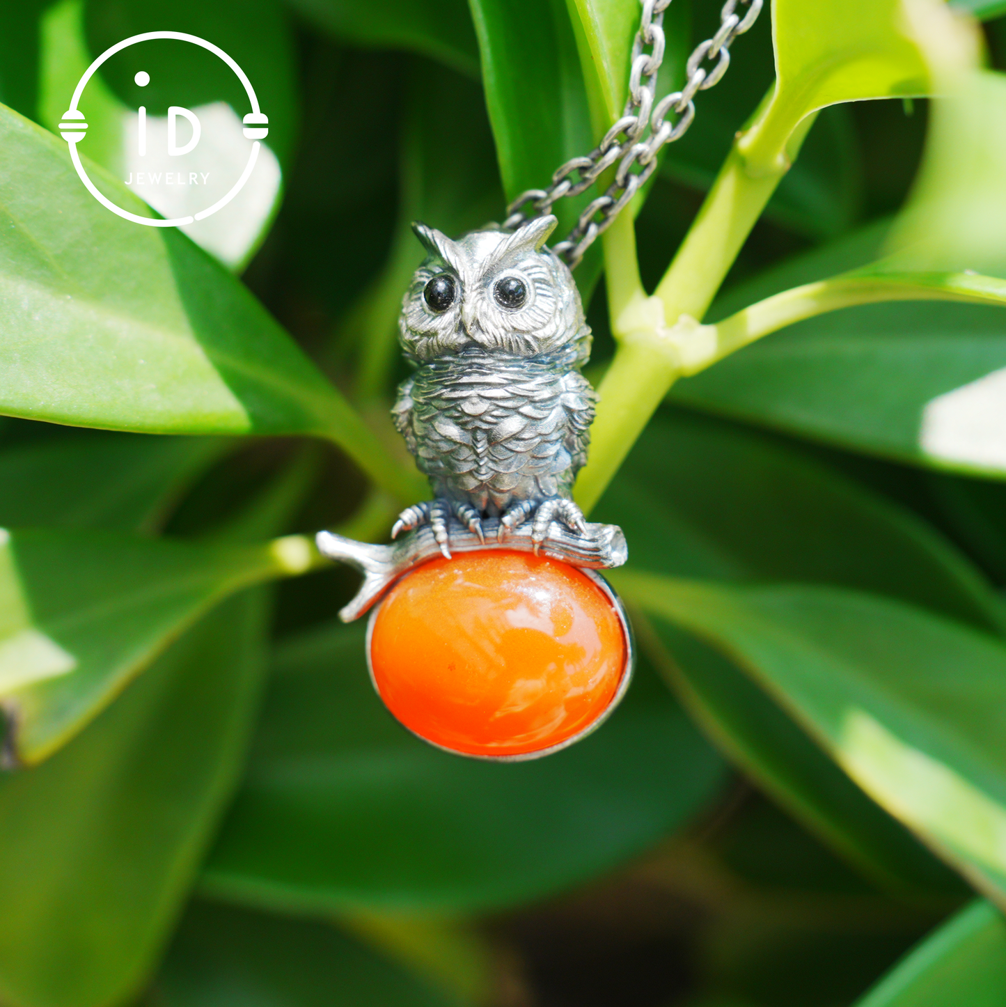Eulenkette im Natur-Stil | Handgefertigtes 925er Sterlingsilber | Karneol-Cabochon &amp; Onyx-Augen | Feine Federgravur | Handgefertigtes Geschenk
