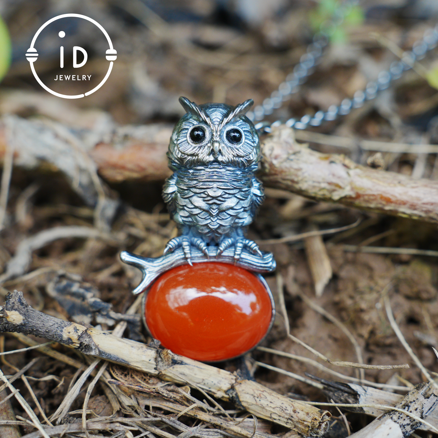 Eulenkette im Natur-Stil | Handgefertigtes 925er Sterlingsilber | Karneol-Cabochon &amp; Onyx-Augen | Feine Federgravur | Handgefertigtes Geschenk