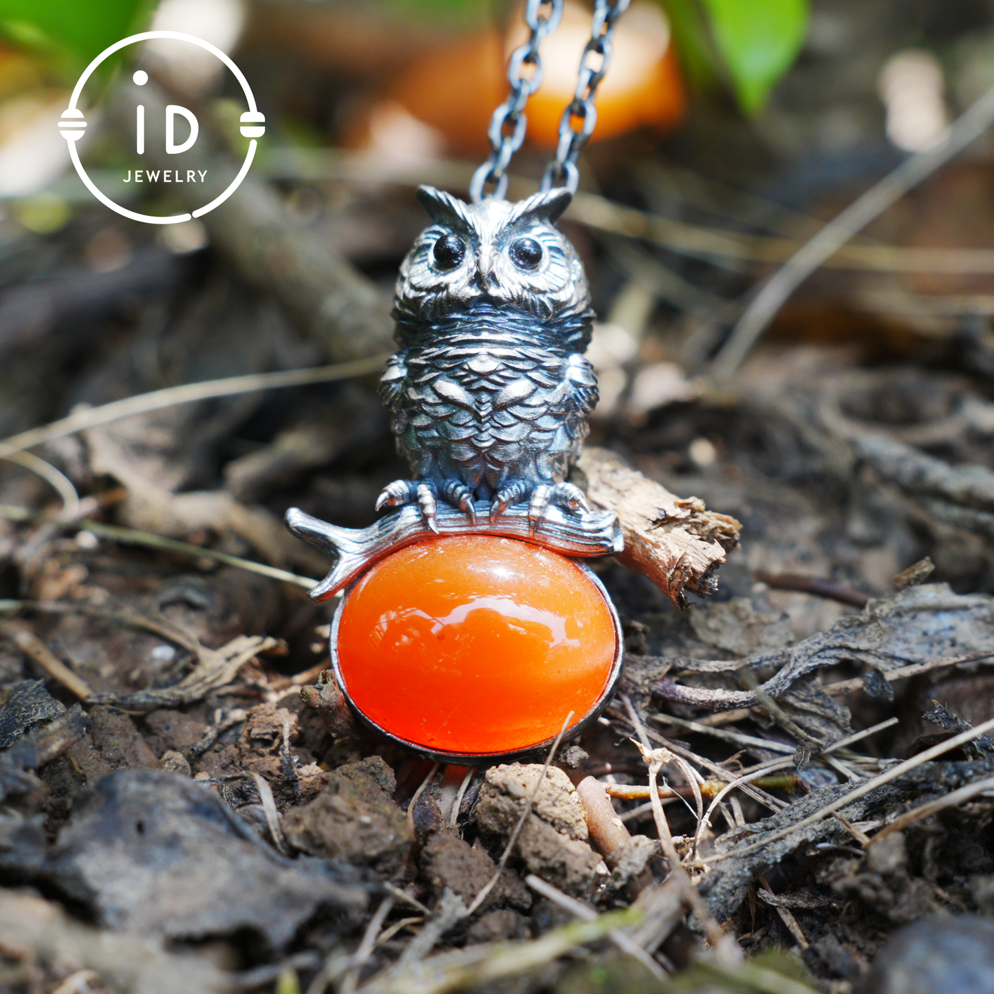Eulenkette im Natur-Stil | Handgefertigtes 925er Sterlingsilber | Karneol-Cabochon &amp; Onyx-Augen | Feine Federgravur | Handgefertigtes Geschenk