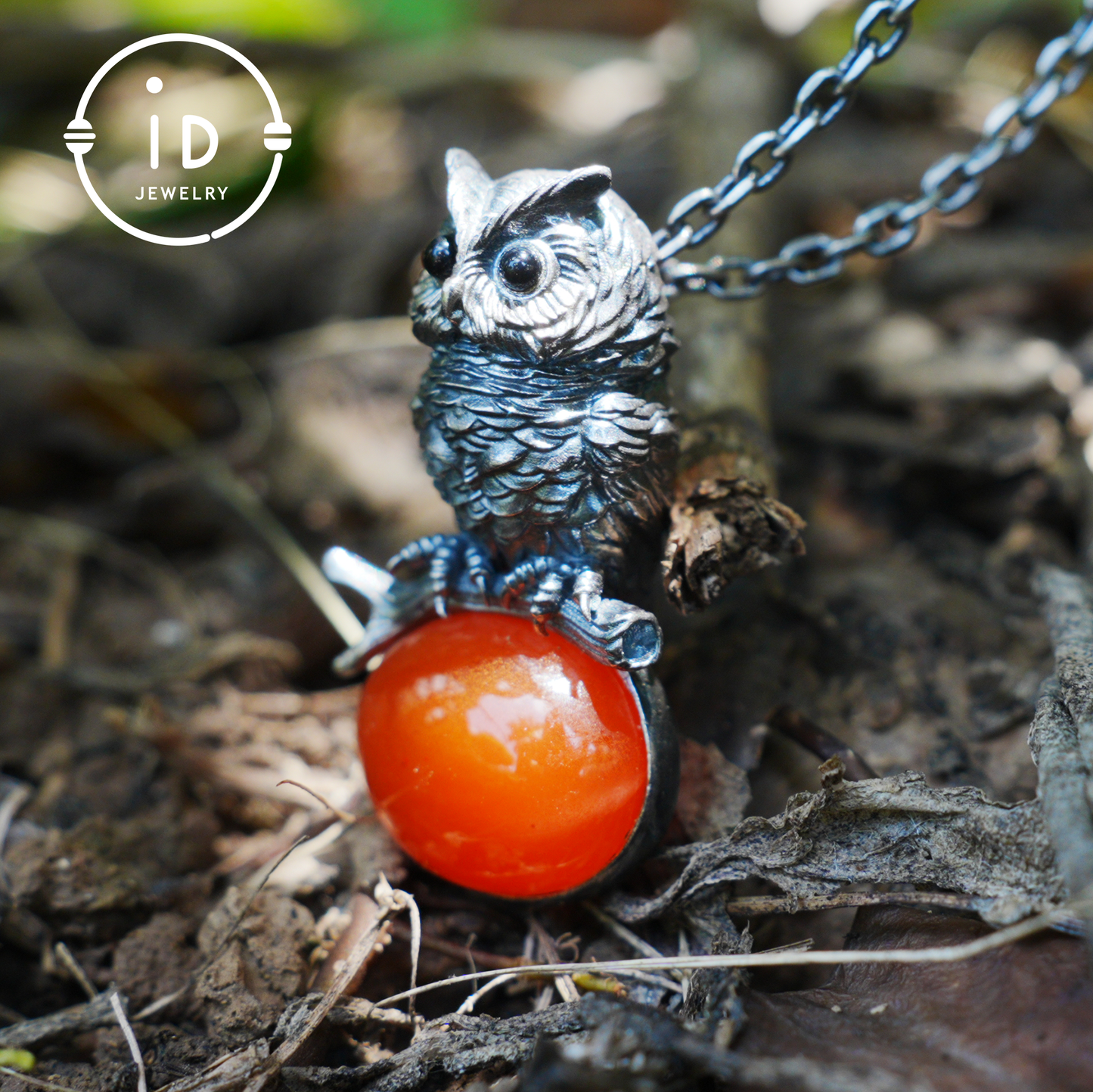Eulenkette im Natur-Stil | Handgefertigtes 925er Sterlingsilber | Karneol-Cabochon &amp; Onyx-Augen | Feine Federgravur | Handgefertigtes Geschenk