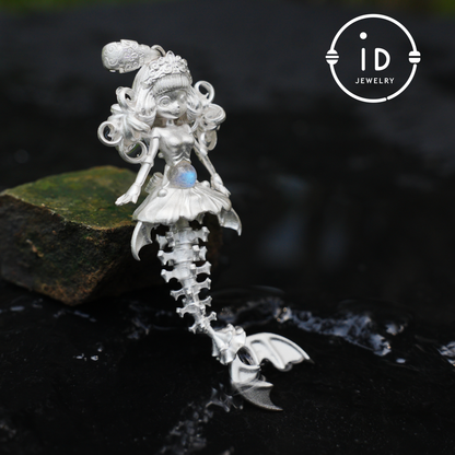 Handgeschnitzte Halskette mit Anhänger in Form eines Meerjungfrauenskeletts | Meerjungfrauenknochen + Labradorit-Blitz | Handgefertigte Halskette mit Amulett aus 925er Sterlingsilber mit Ozean-Motiv