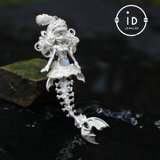 Hand-Carved Mermaid Skeleton Pendant Necklace | Mermaid Bones + Labradorite Flash | Handmade 925 Sterling Silver Amulet Ocean-Theme Necklace