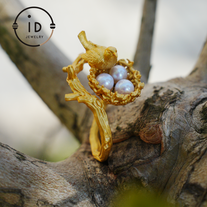 Adjustable Pearl Ring in Oxidized Silver or Gold Plated 925 Silver, Branch Design Fairytale Jewelry, Gift for Her, Mother's Day, Birthday