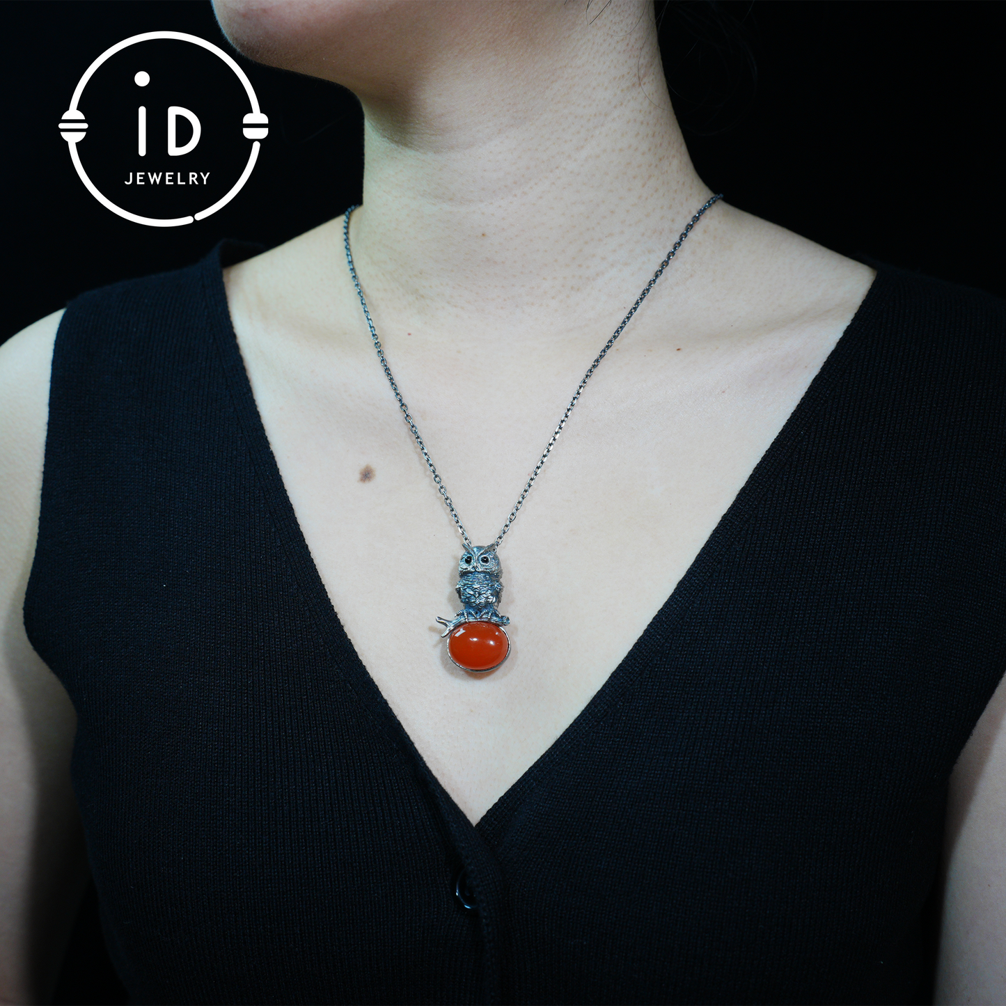 Eulenkette im Natur-Stil | Handgefertigtes 925er Sterlingsilber | Karneol-Cabochon &amp; Onyx-Augen | Feine Federgravur | Handgefertigtes Geschenk