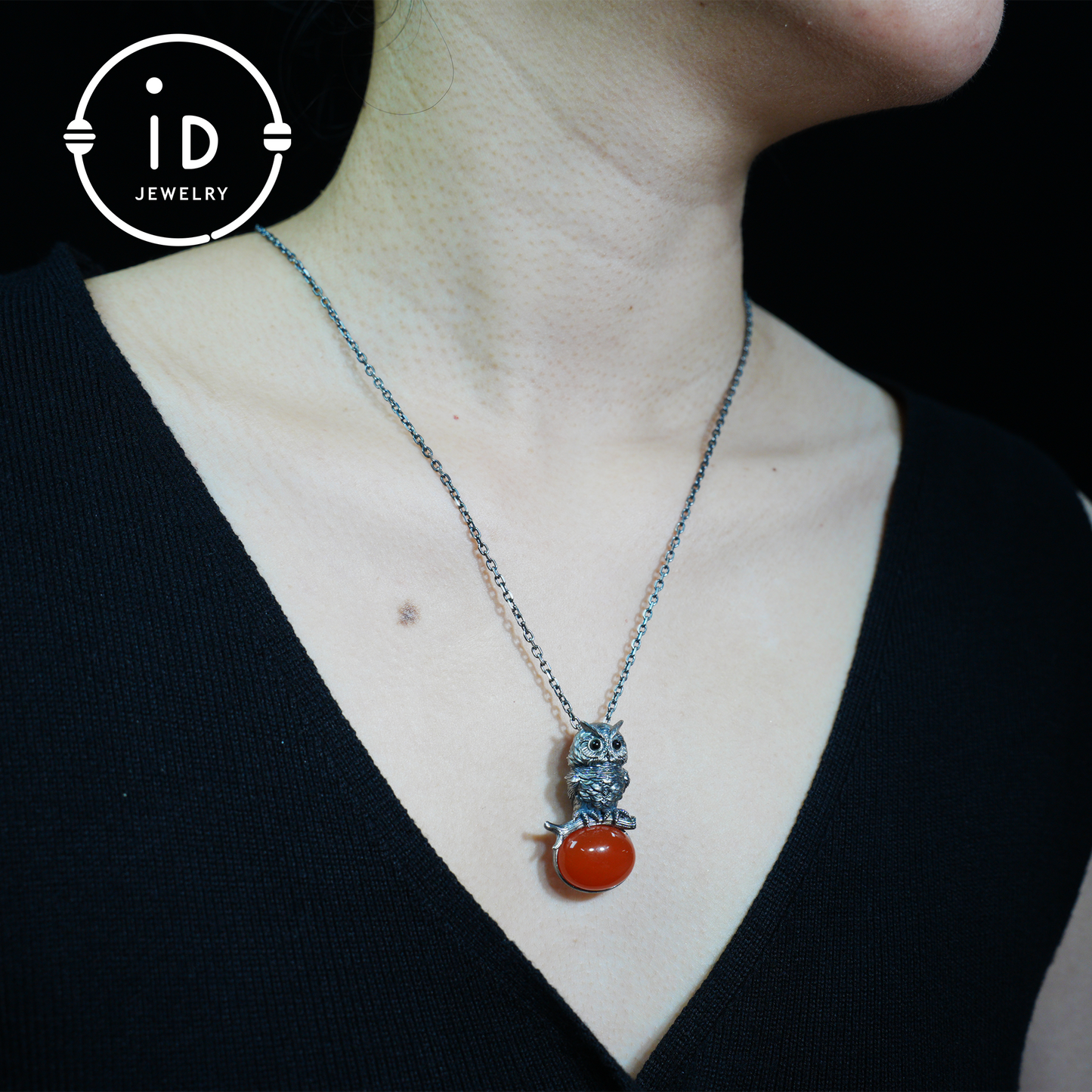 Eulenkette im Natur-Stil | Handgefertigtes 925er Sterlingsilber | Karneol-Cabochon &amp; Onyx-Augen | Feine Federgravur | Handgefertigtes Geschenk