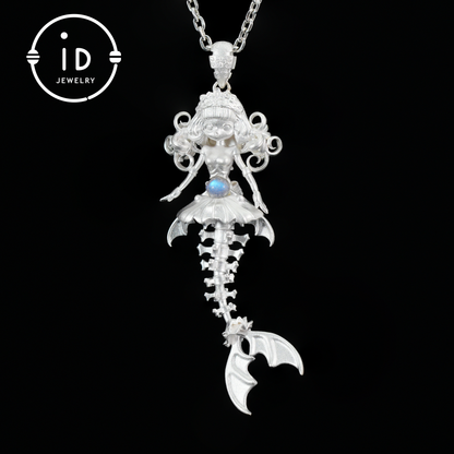 Handgeschnitzte Halskette mit Anhänger in Form eines Meerjungfrauenskeletts | Meerjungfrauenknochen + Labradorit-Blitz | Handgefertigte Halskette mit Amulett aus 925er Sterlingsilber mit Ozean-Motiv