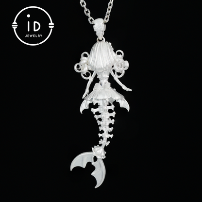 Handgeschnitzte Halskette mit Anhänger in Form eines Meerjungfrauenskeletts | Meerjungfrauenknochen + Labradorit-Blitz | Handgefertigte Halskette mit Amulett aus 925er Sterlingsilber mit Ozean-Motiv