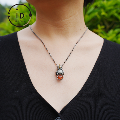 Sunstone parrot pendant made of 925 silver and bronze, hand-carved cute necklace with crystal orb, fairytale gift for her