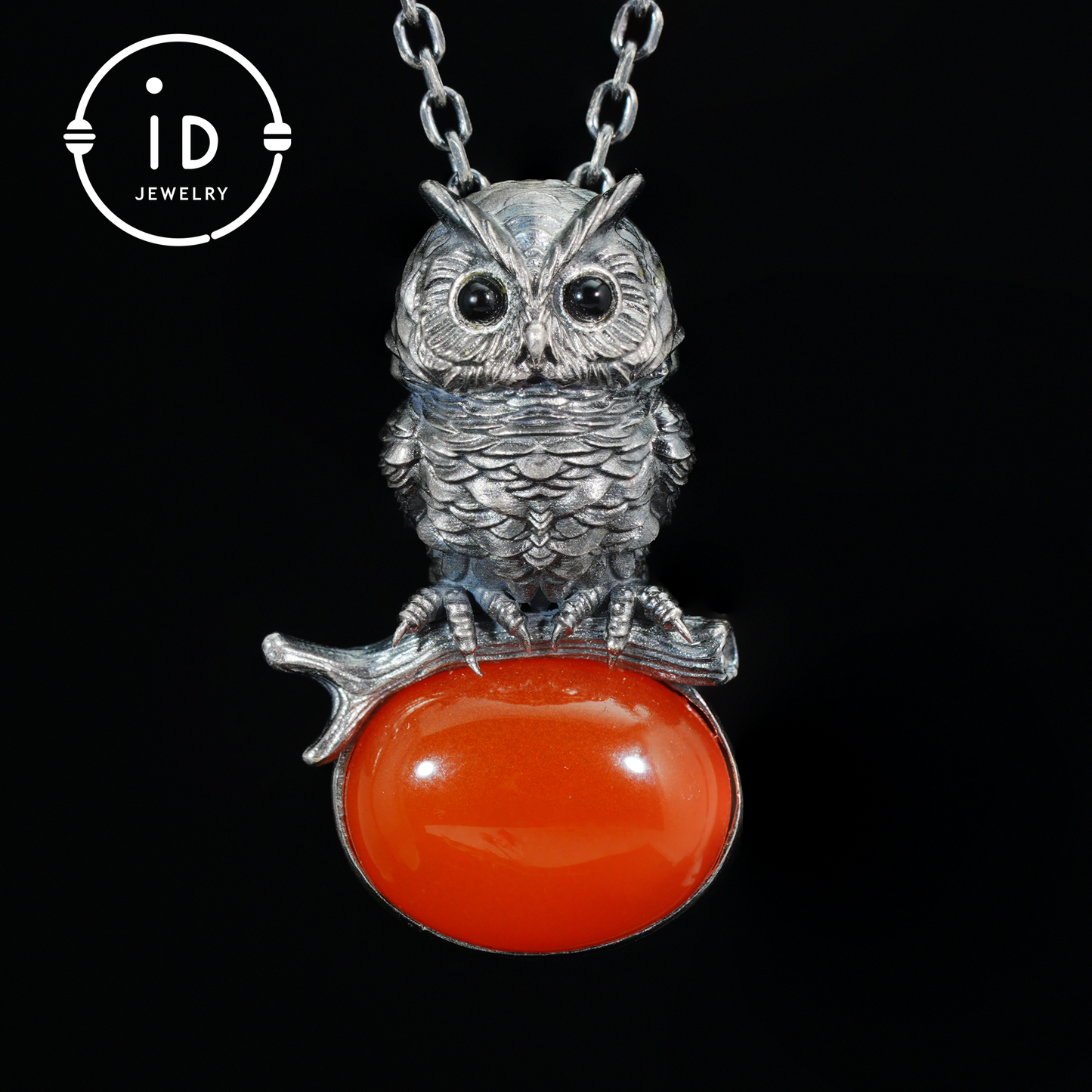 Eulenkette im Natur-Stil | Handgefertigtes 925er Sterlingsilber | Karneol-Cabochon &amp; Onyx-Augen | Feine Federgravur | Handgefertigtes Geschenk