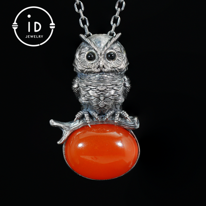 Eulenkette im Natur-Stil | Handgefertigtes 925er Sterlingsilber | Karneol-Cabochon &amp; Onyx-Augen | Feine Federgravur | Handgefertigtes Geschenk